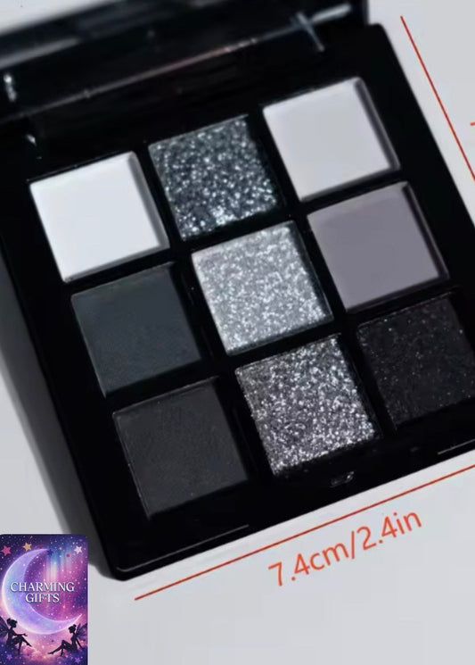 9 Colors Eye shadow Palette, Dark Black Grey Silvery Color Shimmer Matte Finish Smokey Style Stage Party Performance Makeup