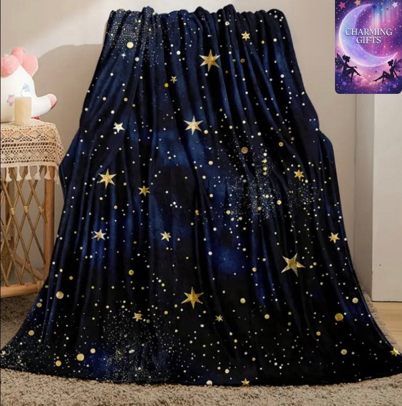 1pc Starry Sky Flannel Throw Blanket - Cozy, Soft, and Lightweight for Sofa, Bed, Travel, and Camping - Vibrant Blue with Golden Stars - Perfect Gift for Home or Office Comfort, Camping Comfort | Vibrant Star Pattern | Plush Polyester 60inx80in-150cmx200c