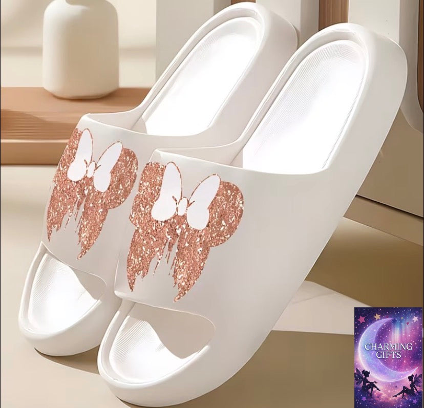 1 Pair Women's Slippers - Rose Golden Shimmer EVA Sole & Upper, Indoor/Outdoor House Shoes Suitable for, Beach, Bath, Birthday Gifts, Minnie Silhouette, - for And, Women Shoes