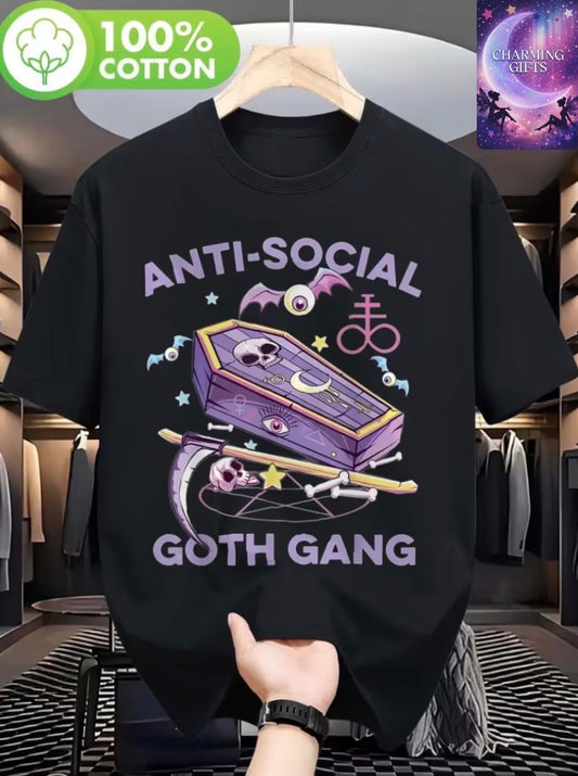 Anti-Social Goth Gang Gothic Graphic T-Shirt - Heavyweight 180gsm Oversized Unisex Tee with Purple & Black Skull & Bat Design, Loose Fit Streetwear for Men & Women - Edgy Concert Outfit, All-Season Comfort, Breathable Statement Top for Alternative