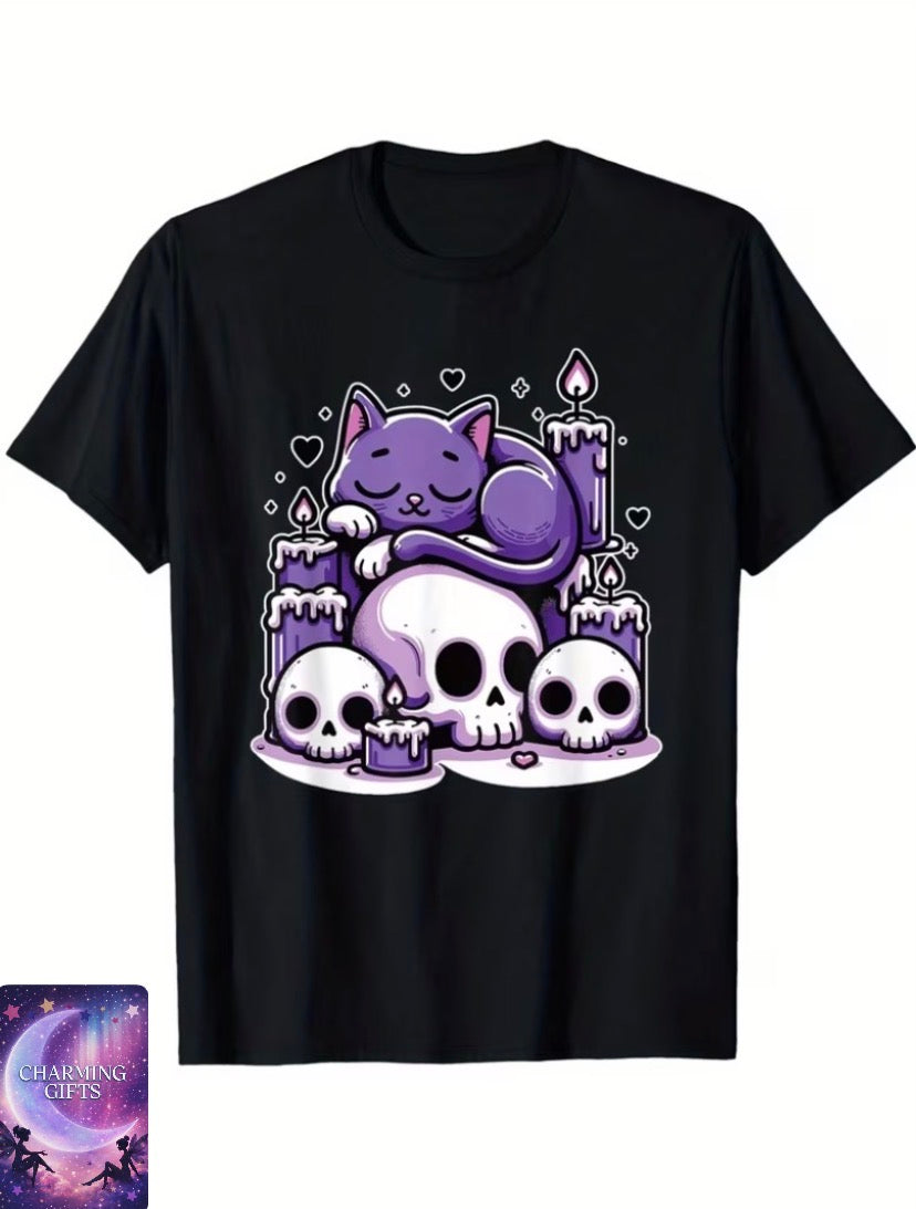 Men'S Kawaii Pastel Goth Gothic Kawaii T-Shirt - Cute Creepy Cat & Skeleton Candles Print, Short Sleeve Round Neck Tee, S-XXXL Sizes, Pastel Purple & Pink Retro Style for Themed Events & Casual Attire - Gothic Kawaii Aesthetic Apparel with Play