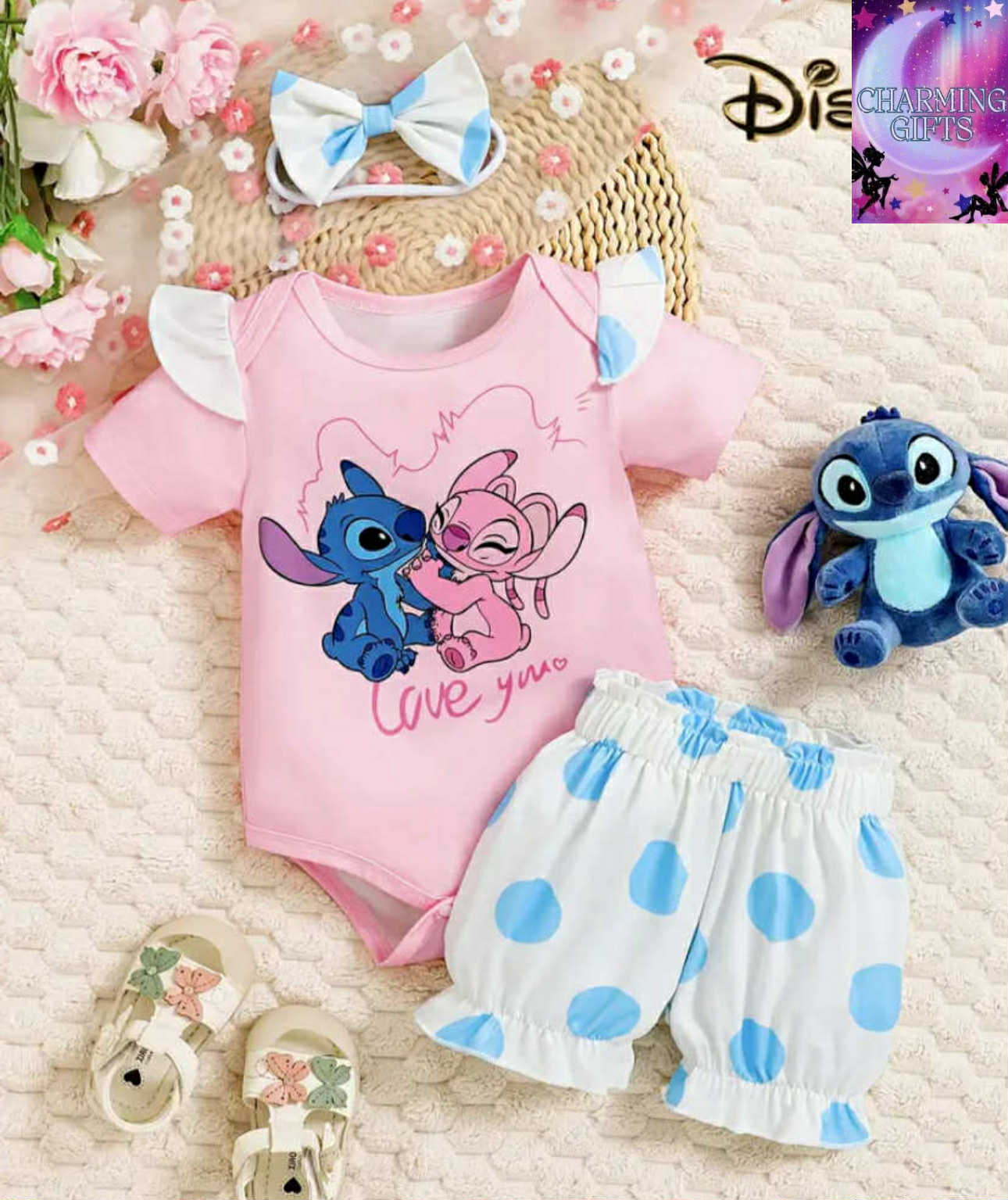 Disney Stitch Pink Cartoon Baby Bodysuit + Shorts Set with Bow Infant Summer Romper Outfit Cute Crawling Clothes