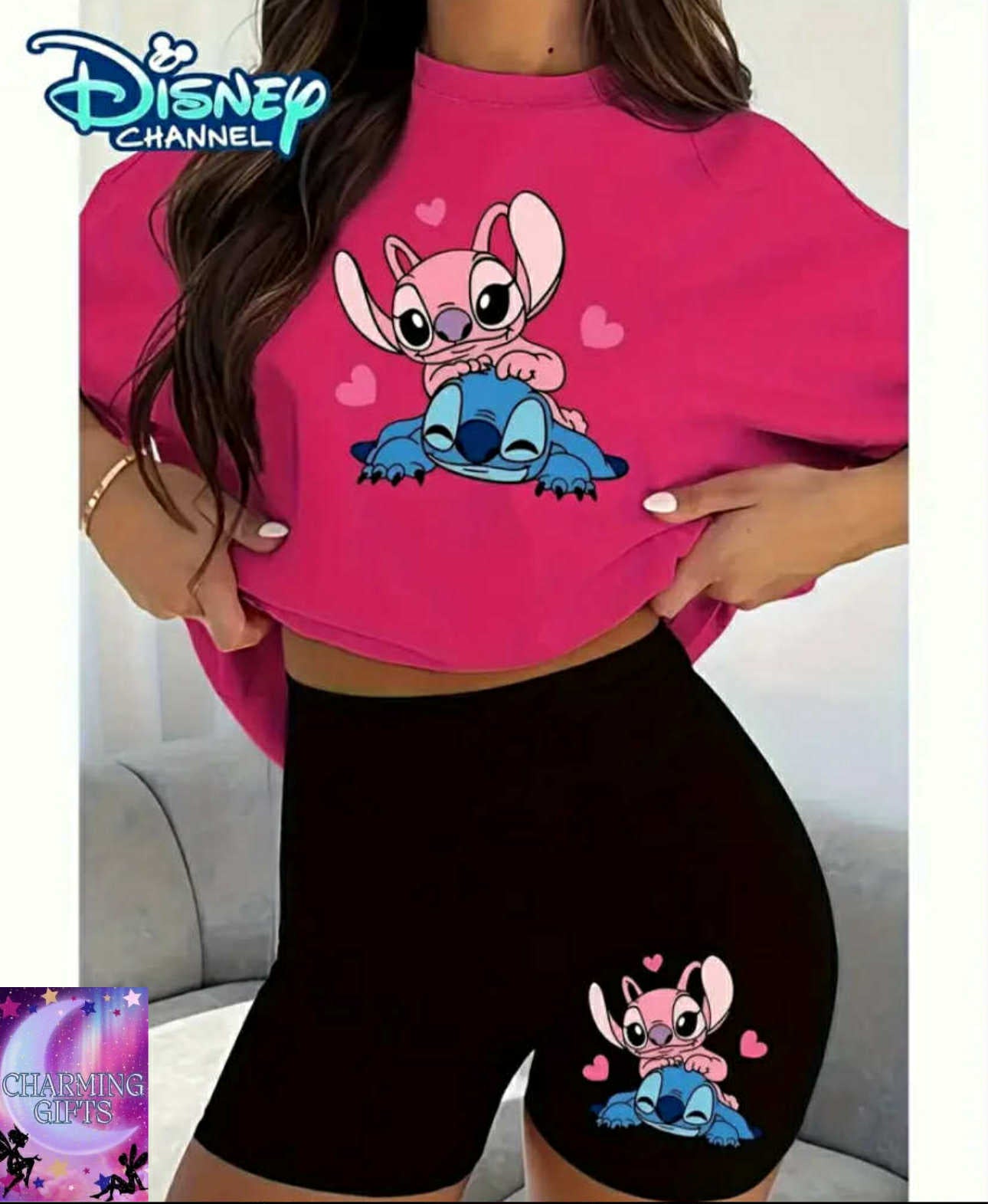 Disney Channel Plus Size Women'S Athletic Short Sleeve Set, Creative Angel & Stitch Fun Love Print, Women'S T-Shirt & Pants Two-Piece, Machine Washable, Suitable for Sports and Home Leisure Scenes, Great Gift.