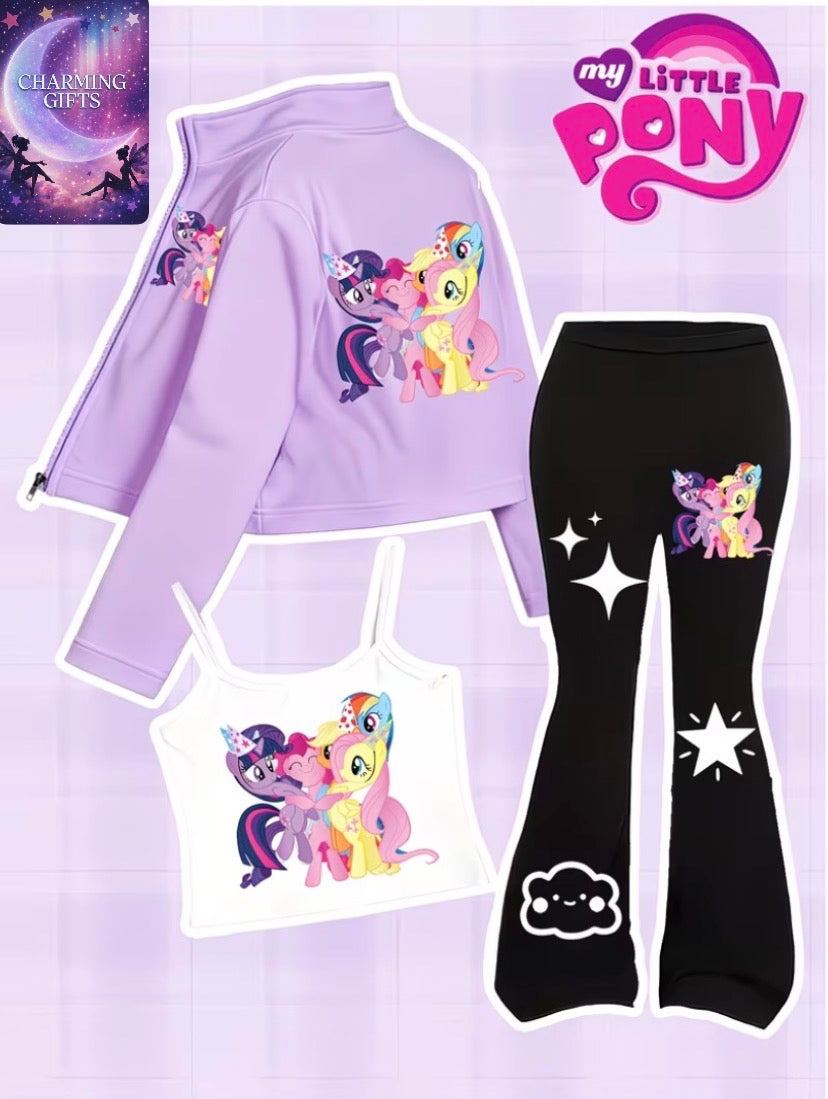 Girls' Fashionable and Casual 3pcs Suit, a My Little Pony Double-sided Printed Suit, a Cute Outfit Choice for Girls. It's Suitable for Outdoor Outings and Trips, as Well as for Halloween and Various Festival Parties., Perfect for Outdoor