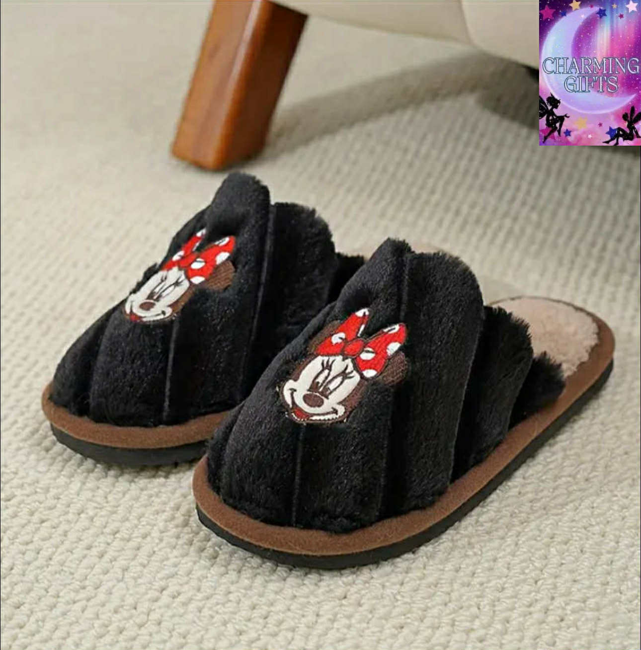 [Warm Comfortable Indoor Home] Disney Minnie Mouse Plush Slippers - Warm and Comfortable Indoor Home Shoes, Suitable for Men and Women, Embroidered Design Couple's Set Special Offer Living Room Slippers Dormitory Slippers
