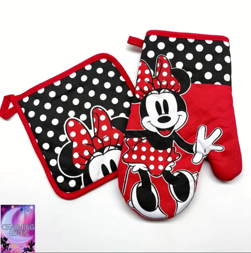 2pcs Insulated Gloves and Pot Holder Set, Kitchen Baking Gloves, Disney Classic Cartoon Characters Mickey and Minnie Mouse Cute Print