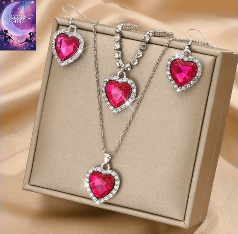 Fashionable And Easy Peach Heart Necklace, Earrings, And Bracelet 4pcs Set, Valentine'S Day, Christmas, Girlfriend, Best Friend Gift (Product Does Not Include Box)