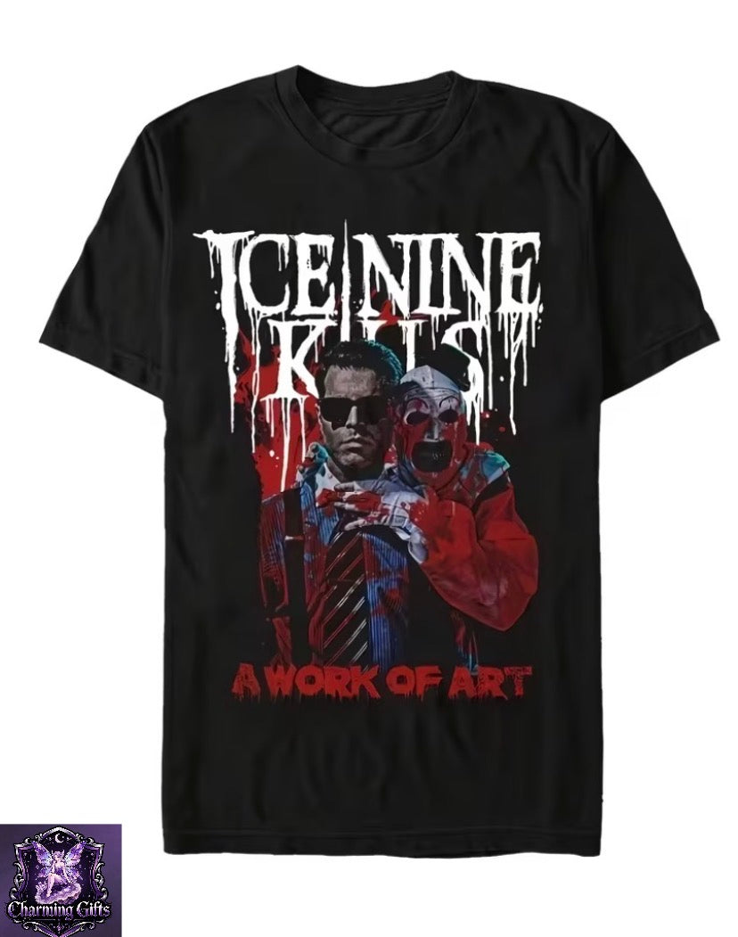 Ice Nine Kills Spencer Gothic Horror Joker Bloody Character Portrait and Nine Ice Killer Pattern T-shirt - Black Crew Neck Unisex Regular Fit Streetwear for All Seasons - Avant-garde Alternative Clothing Using Heat Transfer Technology