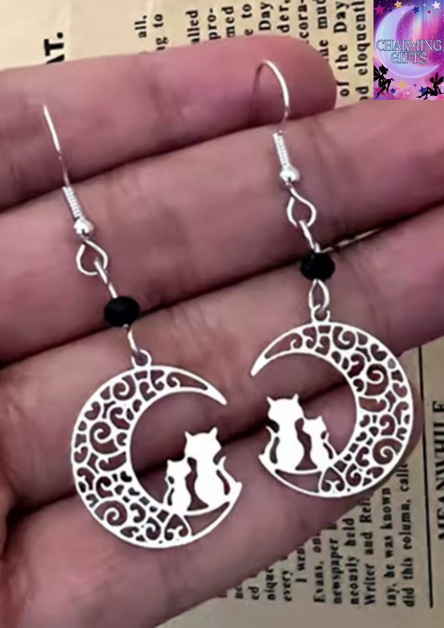 Cat Moon Earrings Drop Cat Crescent Filigree Witchy Gothic Punk Jewelry Minimalism Cat Lover Gift Fashion Women Classical