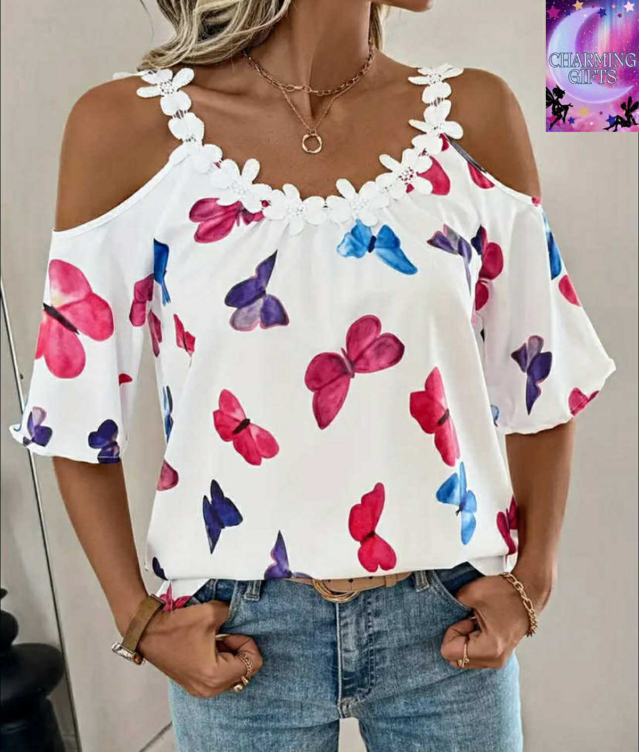 2025 New Women's Elegant Butterfly Print Off-Shoulder Blouse - Lace Trim Round Neck Stretchy Top, Plus Size Spring Summer Casual & Formal Wear, Machine Washable, Versatile Fashion, Nontransparent Fabric