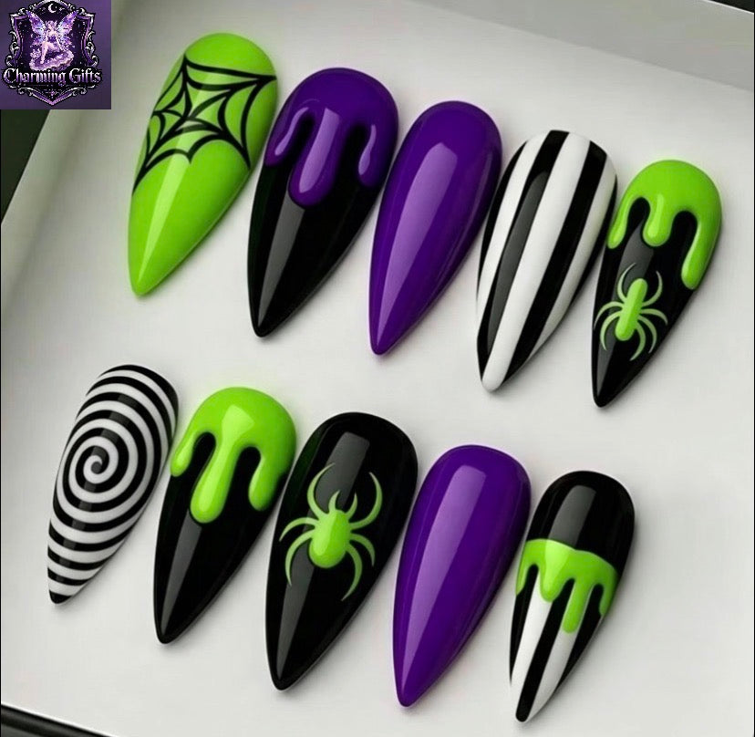 🕷️ Gothic Halloween Press‑On Nails – Long Almond Shape fluorescent