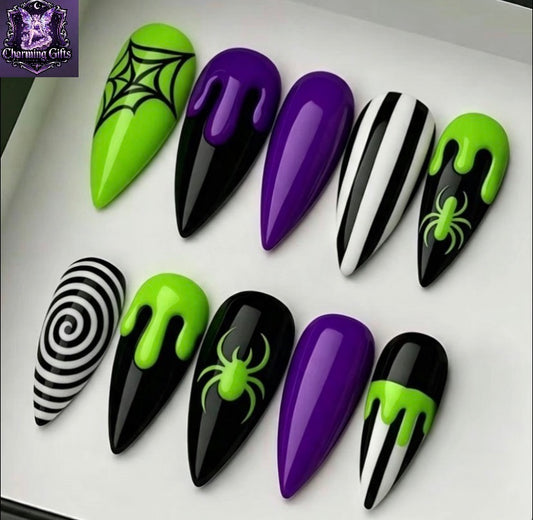 🕷️ Gothic Halloween Press‑On Nails – Long Almond Shape fluorescent