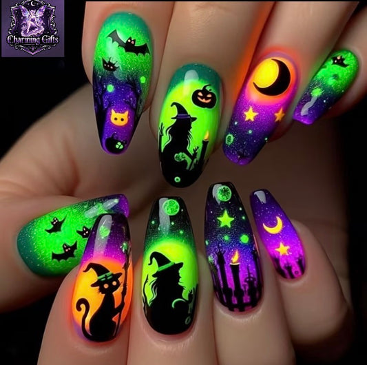 🖤✨ Neon Gradient Witch & Spooky Icons Water Drop Nails — 24pcs Removable Set ✨🖤
