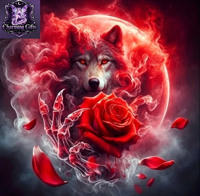 Blood Moon Wolf Spirit Red Rose Skull Hand-Painted Frameless DIY Diamond Art Painting Kit, Halloween 5D Mosaic Round Artificial Diamond Art Painting, DIY Diamond Art Painting Craft Wall Decors