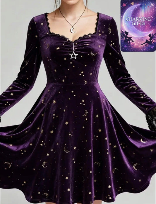 Women's Vintage Elegant Lace Panel Square Neck Long Dress - Knee-Length Party Wedding Guest Gown, Solid Color A-Line Dress for Fall/Winter, Hand Washable, Non, Medium Elasticity, Formal Dress