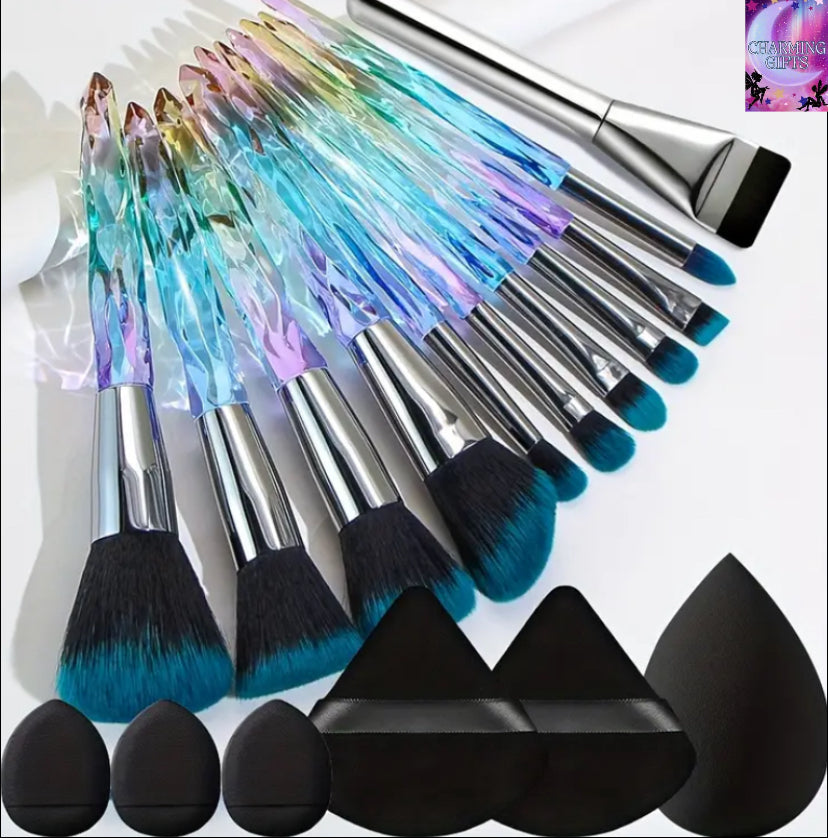 10 transparent ice cone shaped gradual  makeup brushes, flawless foundation make-up brush, powder blusher brush, powder brush, eye shadow brush set, glass shaped transparent handle - and powder puffs