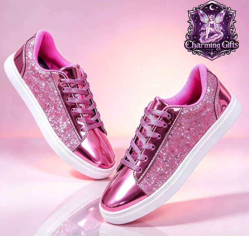 ✨ Shiny Sequin Low-Top Sneakers — Pink & Red ✨