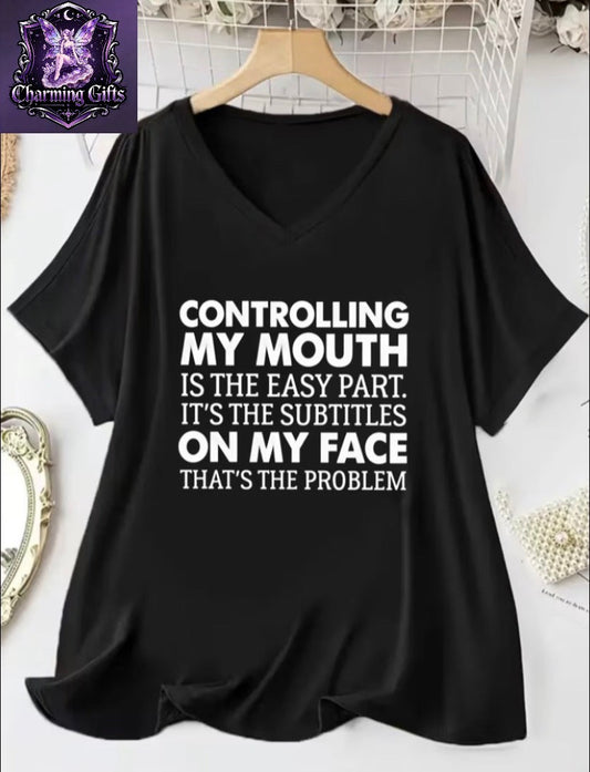 Plus Size, Plus SizeCasual Style Women's V Neck Batwing Sleeves T Shirt Controlling My Mouth Is The Easy Part Its The Subtitles On My Face Thats The Problem Graphic Print Summer Outfit Gift for Her