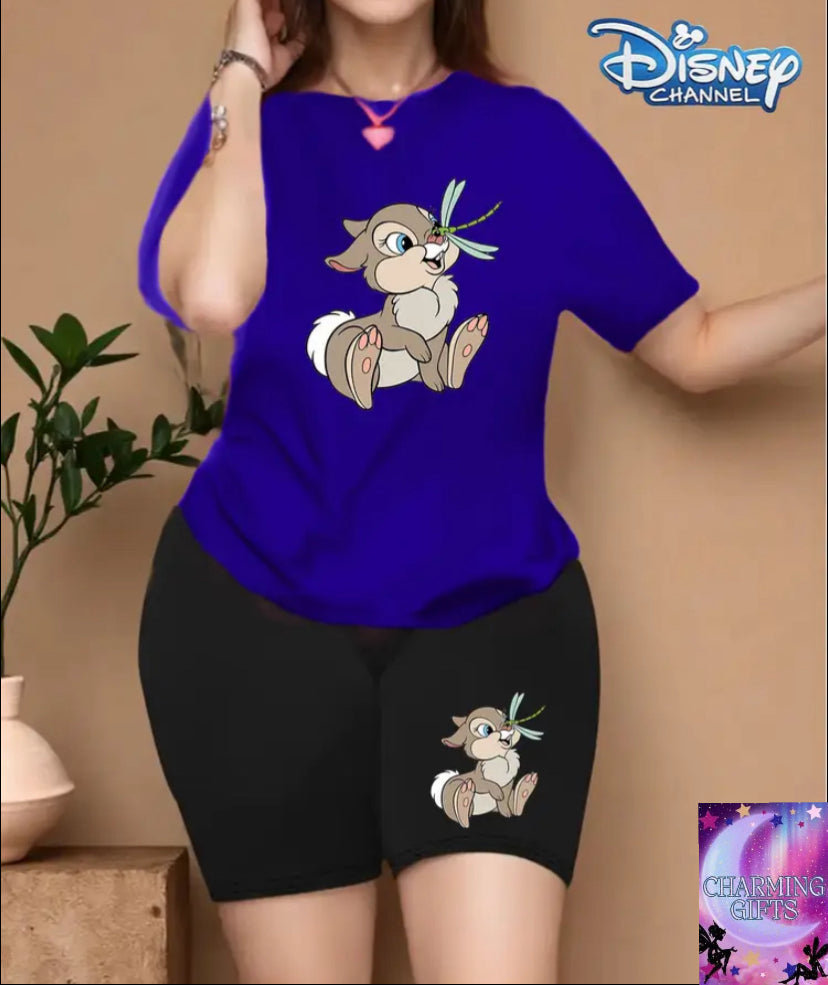 Cute thumper  Print Short Sleeve Women'S T-shirt, Large Size Women'S Round Neck T-shirt Shorts Set, Simple Fashion Summer Casual Sports Two-Piece Set Perfect Choice