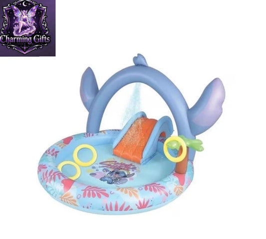 Disney Stitch Inflatable Play Centre Paddling Pool Garden Water Play Pool with Slide Hoops Splash Area Ages Blue