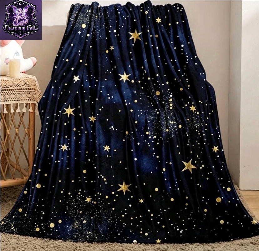 1pc Starry Sky Flannel Throw Blanket - Cozy, Soft, and Lightweight for Sofa, Bed, Travel, and Camping - Vibrant Blue with Golden Stars - Perfect Gift for Home or Office Comfort, Camping Comfort | Vibrant Star Pattern | Plush Polyester 60inx80in-150cmx200c