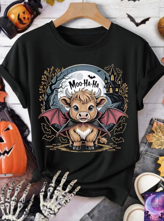 [Halloween Holiday Outfit] Women'S Party Gift Moo-Ha-Ha Text Vampire Highland Cow Castle Dead Tree Bat Full Print Round Neck Short Sleeve T-Shirt Dark Cute Style All-Season Versatile Casual Wear Fashion Athletic Leisure Comfortable Breathable Top