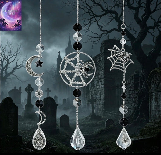 Set of 3 Crystal Spider Catchers, Spooky Halloween Light Catchers, Spider Decorations on Webs, Witch Wall Hangings, Decorations for The Dark Season black
