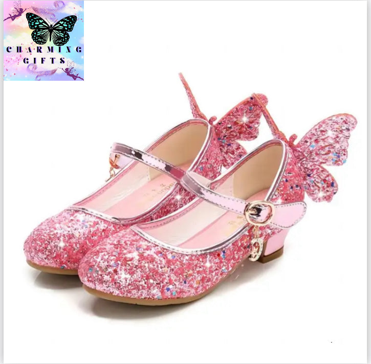 Princess Butterfly Leather Shoes Kids Diamond Bowknot High Heel Children Girl Dance Glitter Shoes Fashion Girls Party Dance Shoe