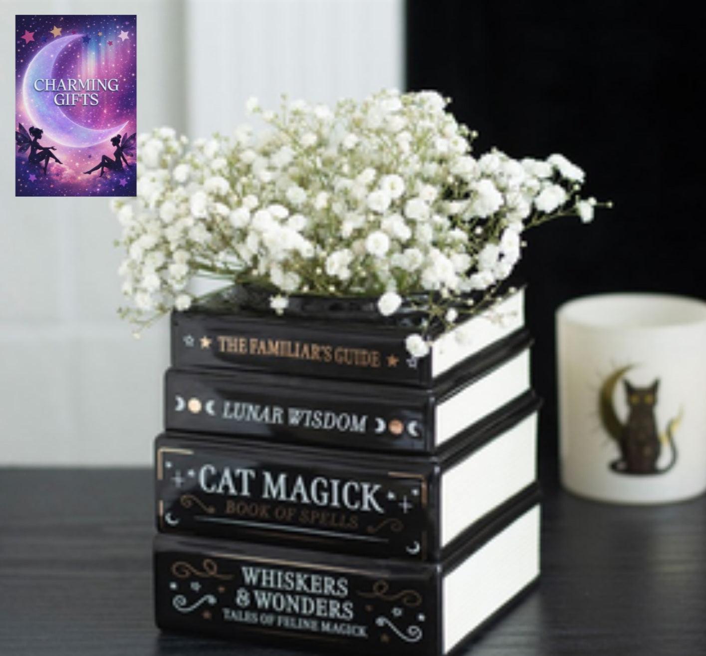 Black Cat Magick Book Stack Vase