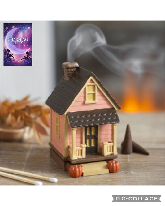 Pink House Incense Cone Burner with Pumpkins