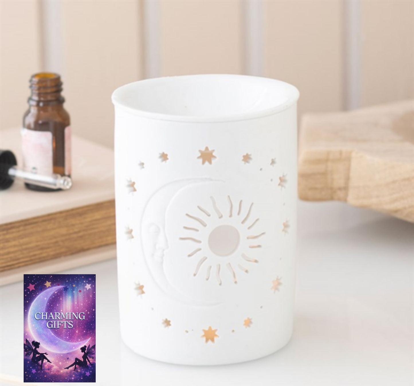 White Sun and Moon Cut Out Oil Burner and Wax Warmer