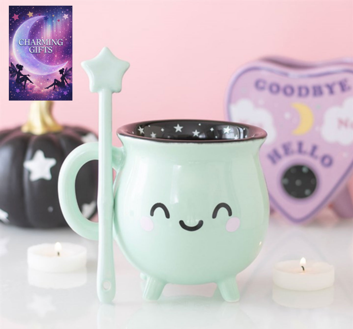 Mint Green Cauldron Mug with Wand Stirrer