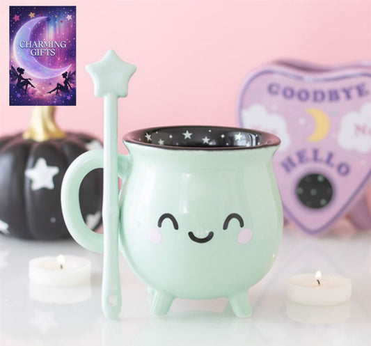 Mint Green Cauldron Mug with Wand Stirrer