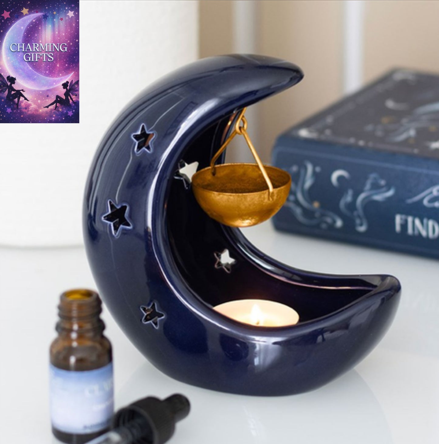 Blue Crescent Moon Hanging Oil Burner