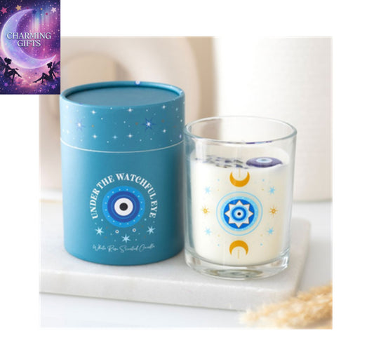 Under Watchful Eyes White Rose Candle with Crystals