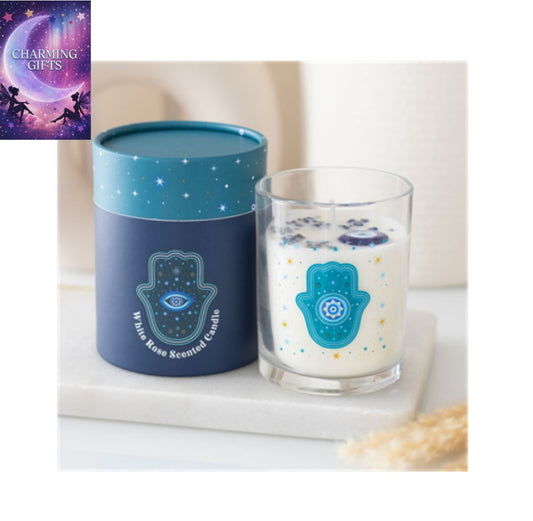 Hand of Hamsa White Rose Candle with Crystals