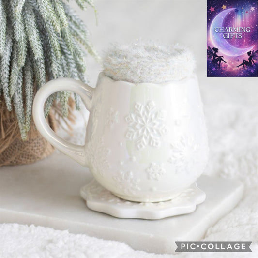 Iridescent Snowflake Mug, Coaster and Socks Set