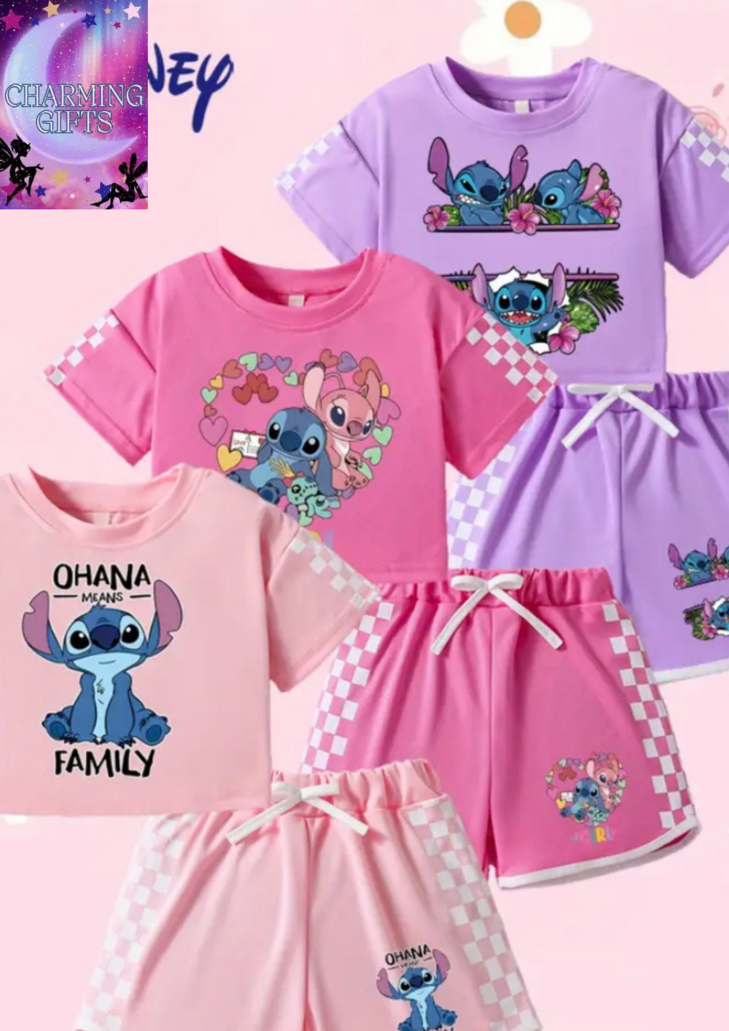 6pcs Set for Girls' Summer Daily Leisure, Disney Stitch Fashion Short-Sleeved Shorts Three-Piece Set, Casual Fashion Holiday Set Gift, Girls' Clothing, Outdoor Camping Clothing, Holiday Gifts, Birthday Gifts, for Outdoor