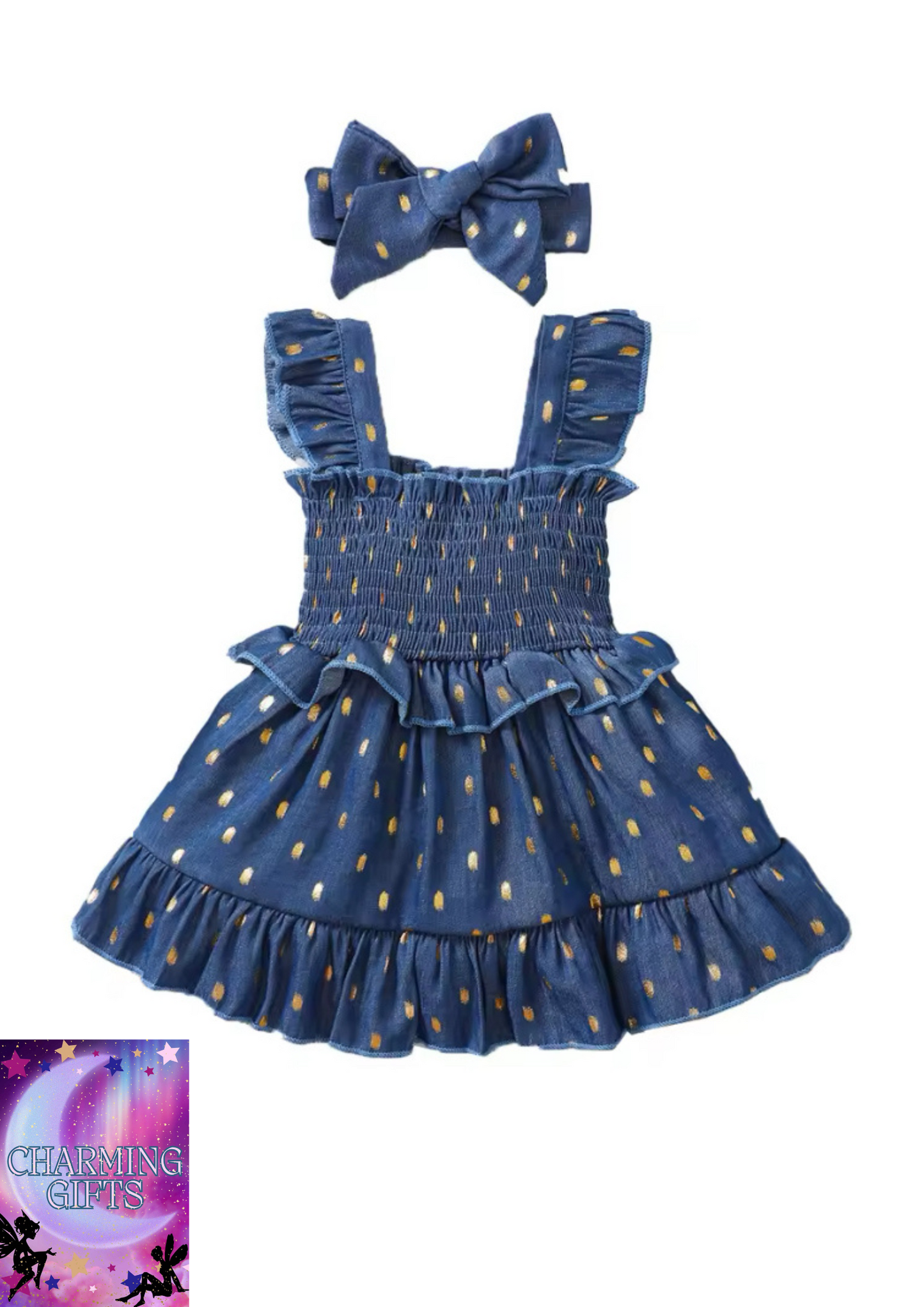 3-24Months Infant Baby Girl Golden Dot Slip Blue Dress Toddler Girl Summer Fashion Party Princess Dresses with Headband 2Pcs Set