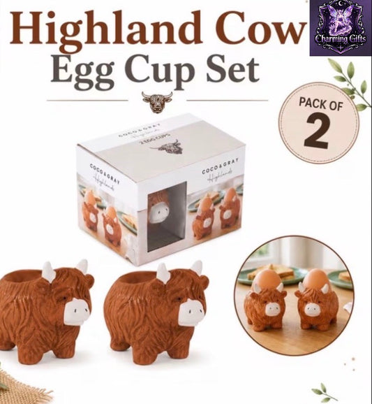 Pack of 2 Highland Cow Egg Cup Set, Ceramic Egg Holders, Farmhouse Breakfast Egg Cups, Cute Kitchen Dining Table Accessories