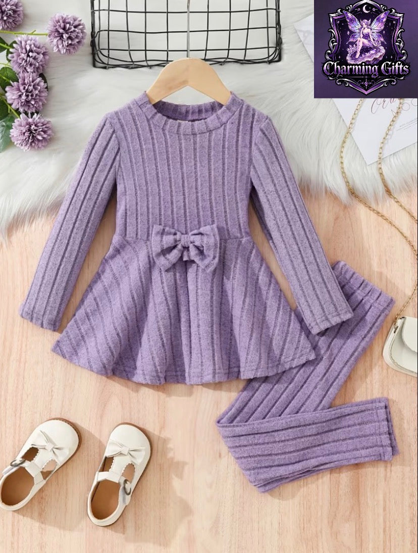 Girls' Fashion Bowknot Solid Color -Lined Ribbed Long-Sleeve Dress and Pants Set, Perfect for Outdoor, Autumn/Winter Essentials, Back to School Essentials