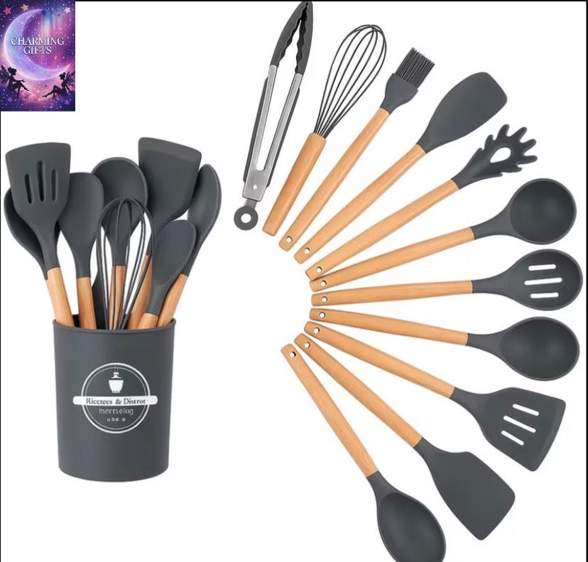 12PCS Silicone Kitchen Utensil Set with Holder Non-Stick Heat Resistant Cooking Tools Set Wooden Handle Cookware Accessories