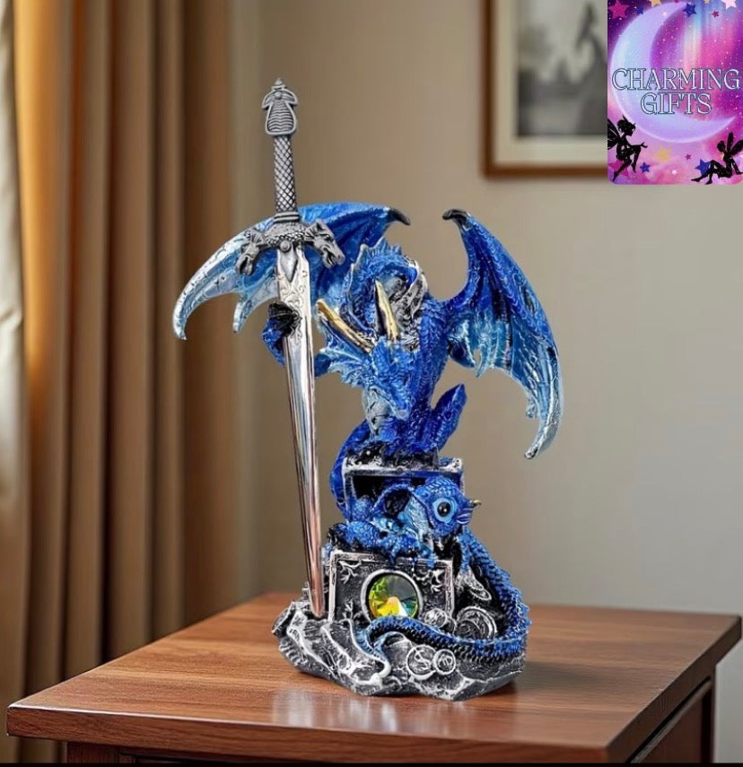 Mythical Guardian Sword-Wielding Dragon Statue, Resin Collectible Figure with Intricate Dragon Design, Detailed Sculpture, Medieval Fantasy Decor for Tabletop, Bookshelf, or Office, Perfect Christmas Gift