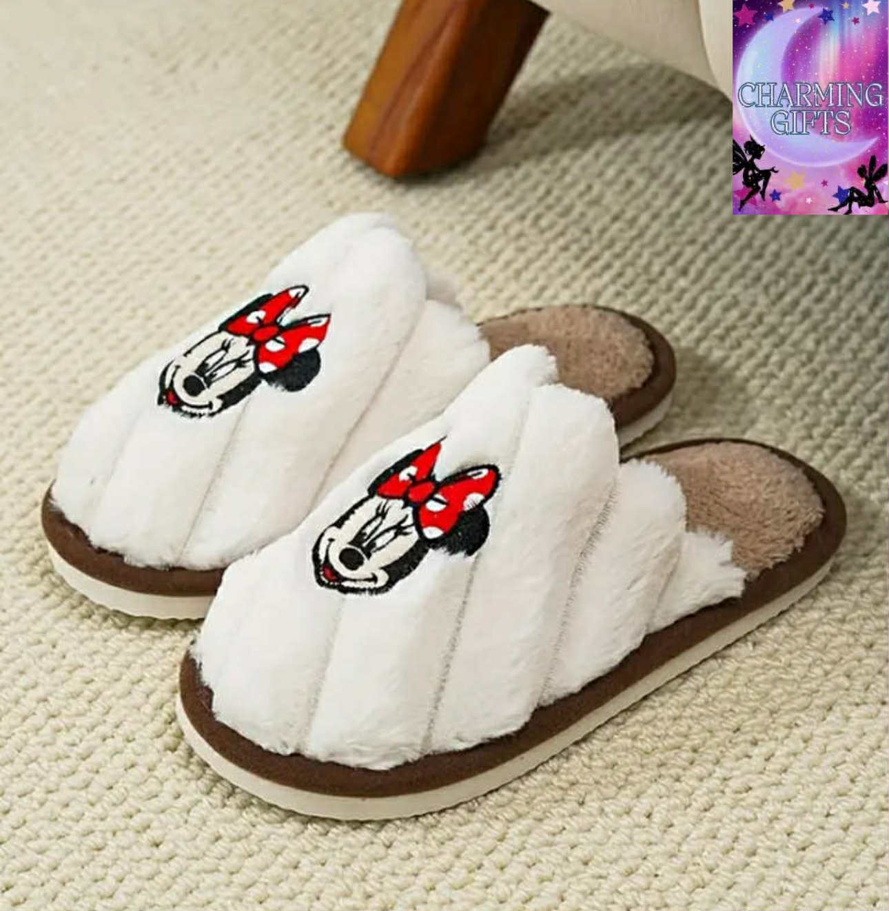 [Warm Comfortable Indoor Home] Disney Minnie Mouse Plush Slippers - Warm and Comfortable Indoor Home Shoes, Suitable for Men and Women, Embroidered Design Couple's Set Special Offer Living Room Slippers Dormitory Slippers