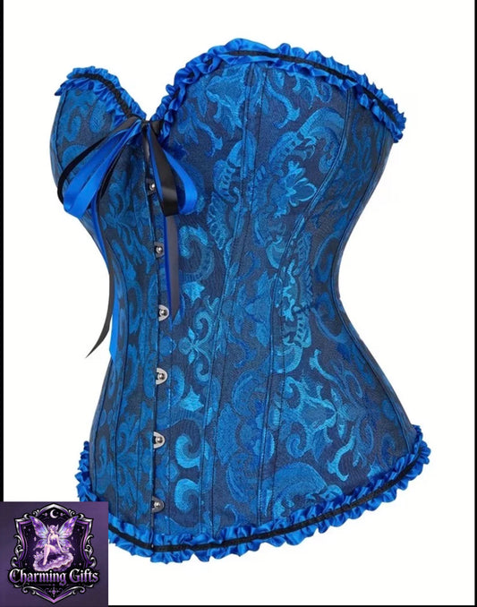 Plus Size Classic Court-Style Corset Top with Lace Ruffles, Strapless Overbust Design Blue