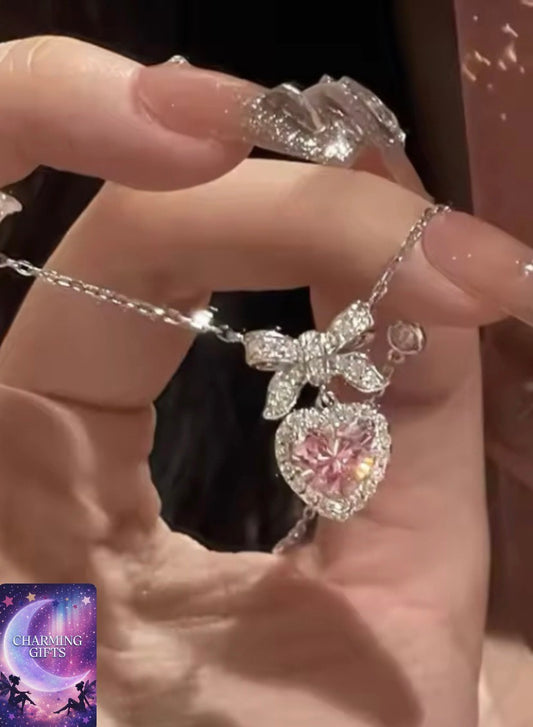 Fashion Pink Crystal Heart Bow Tie Pendant Necklace Silver Color Chain Neck Necklace for Women Wedding Aesthetic Jewelry