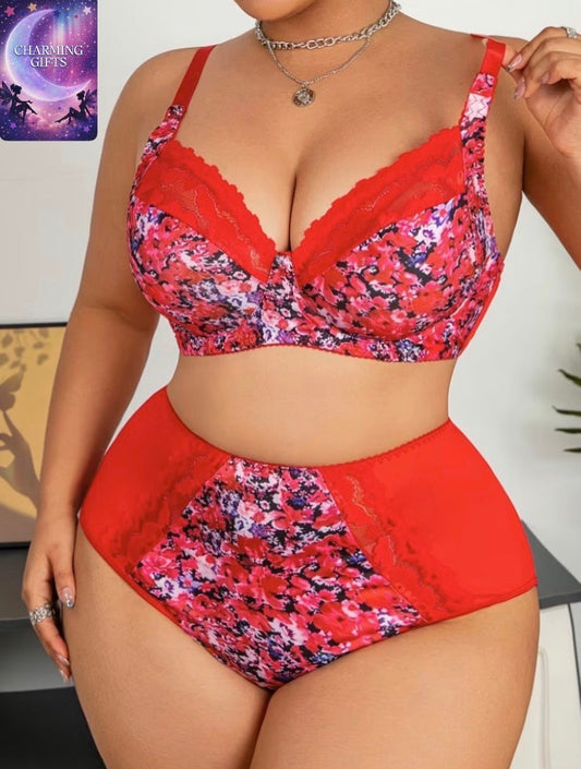 [Sexy Floral Lingerie] Plus Size Women's Sexy Floral Print Lingerie Set with Contrast Lace - Elegant Red and Pink Design, Includes Bra and Panties, Adult Intimate Apparel
