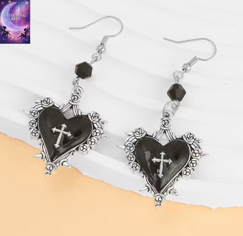 Gothic Y2K Thorn & Rose Cross Pendant Earrings with Heart-Shaped Beaded Bow - Edgy Hip-Hop Suitable for Daily Wear, Themed Parties, Year-Round Versatile Accessory