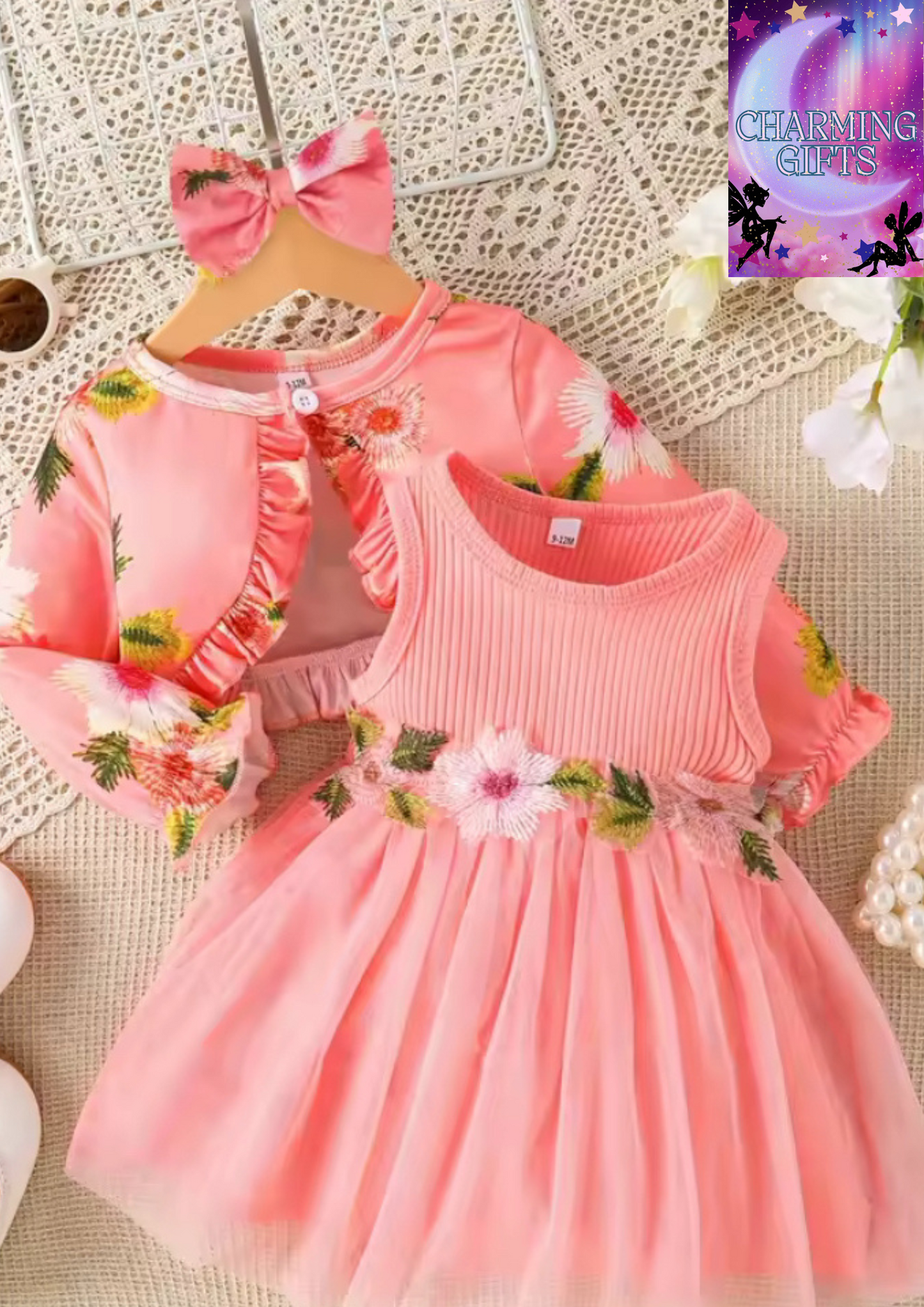 New Baby Girl Spring and Autumn Style Sleeveless Waist Flower Design Spliced Dress+Small Coat