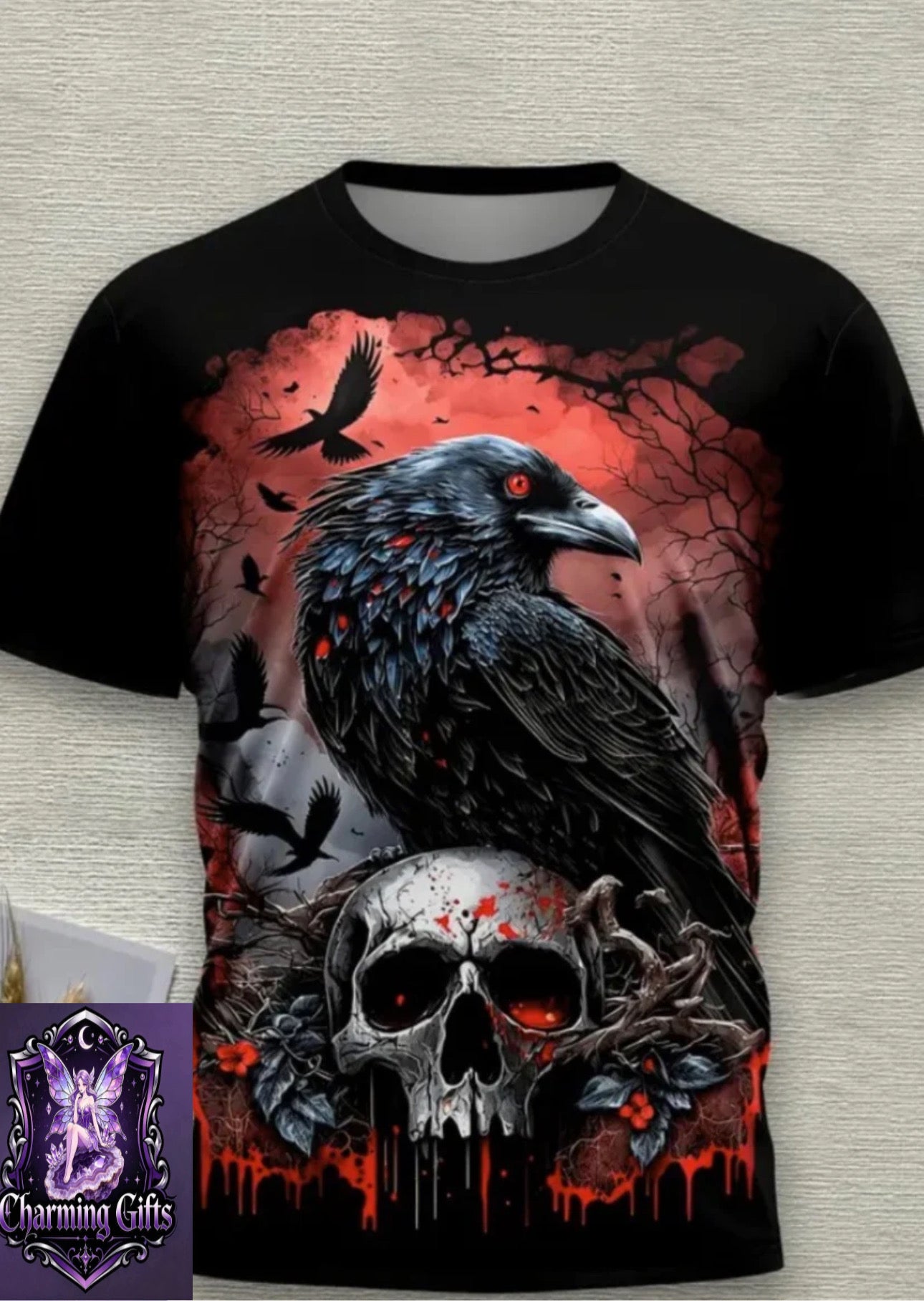 Men's Novelty 3D Crow and Skull Graphic T-Shirt - Black Short Sleeve Crewneck